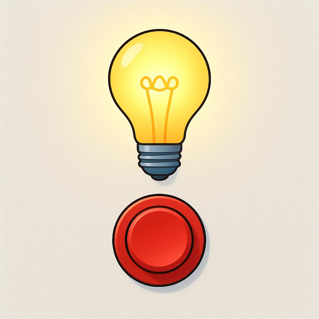 A bright yellow light bulb instantly illuminates above a red button that has just been pressed on a white surface, illustrating an immediate reaction.
