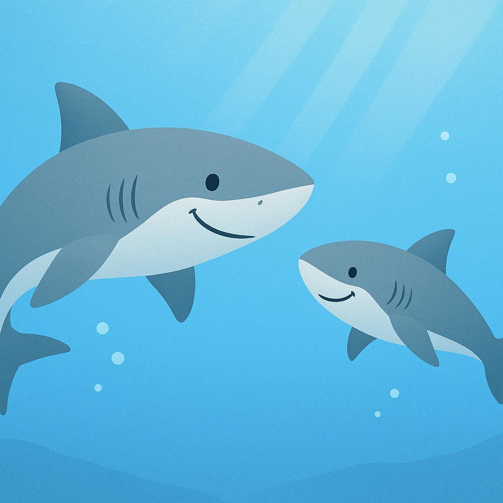 An illustration showing two simple gray sharks swimming together peacefully in the bright blue ocean.