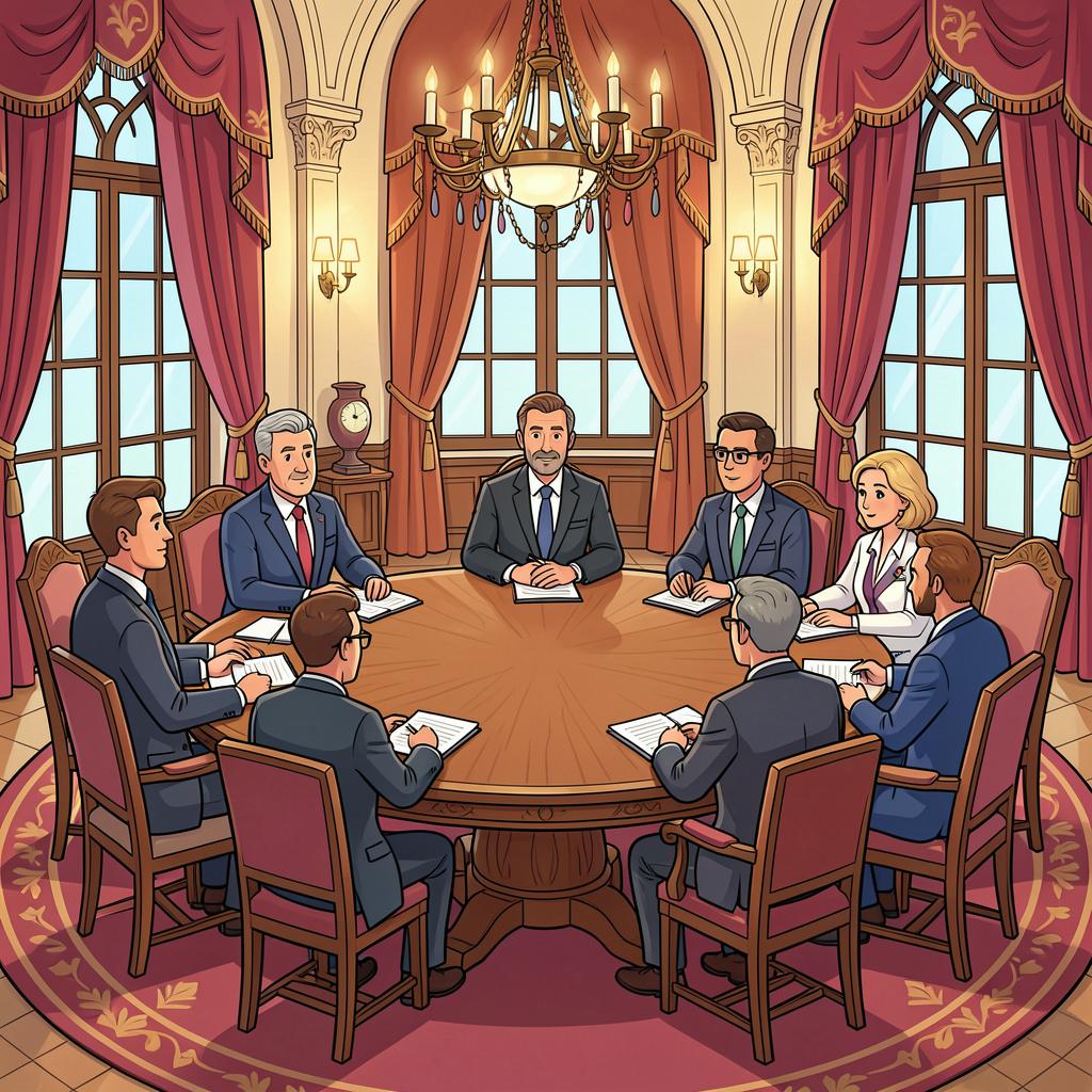 A group of professional people in suits sitting around a large wooden table in a formal meeting room.