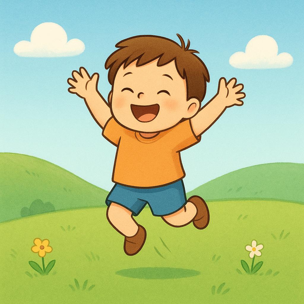 A young child with wide eyes and a beaming smile, jumping high into the air with their arms extended, surrounded by bright colors, illustrating a feeling of pure happiness.