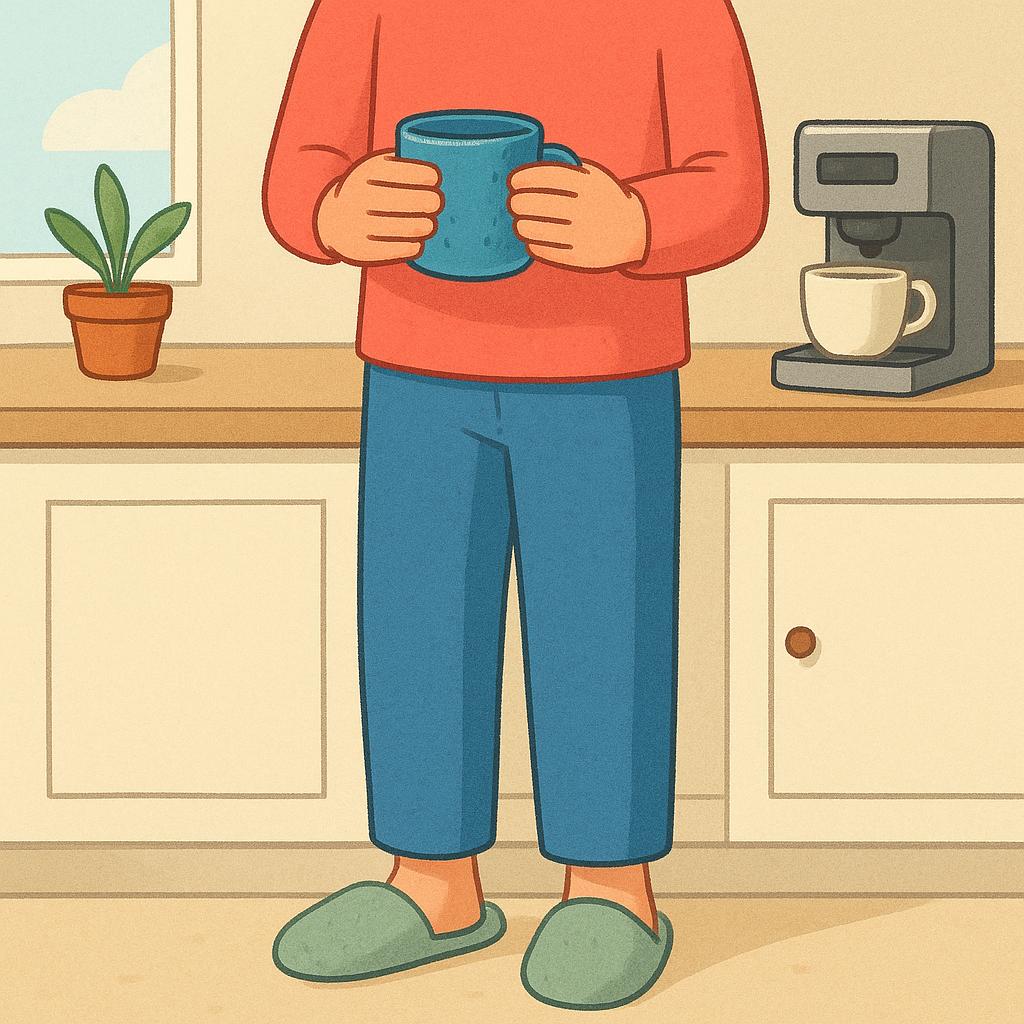 A cozy illustration of a person in comfortable slippers standing next to a coffee machine on a kitchen counter, holding a favorite, slightly worn blue mug, depicting a typical morning routine.
