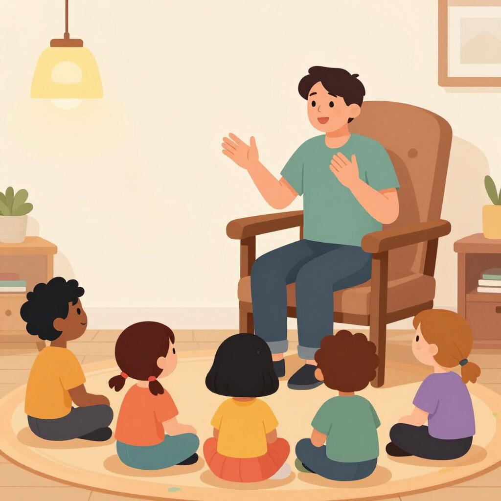 A friendly person sitting in a cozy armchair, gesturing with their hands while telling a story to a group of attentive children.
