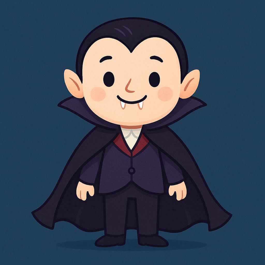 A high quality storybook illustration of a classic cartoon vampire wearing a black suit and a high-collared black and red cape, showing small pointed fangs.