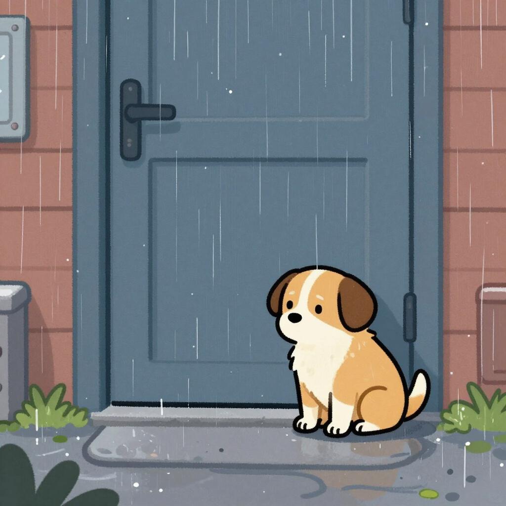 A sad, lonely dog sitting outside in the rain while a door remains closed.