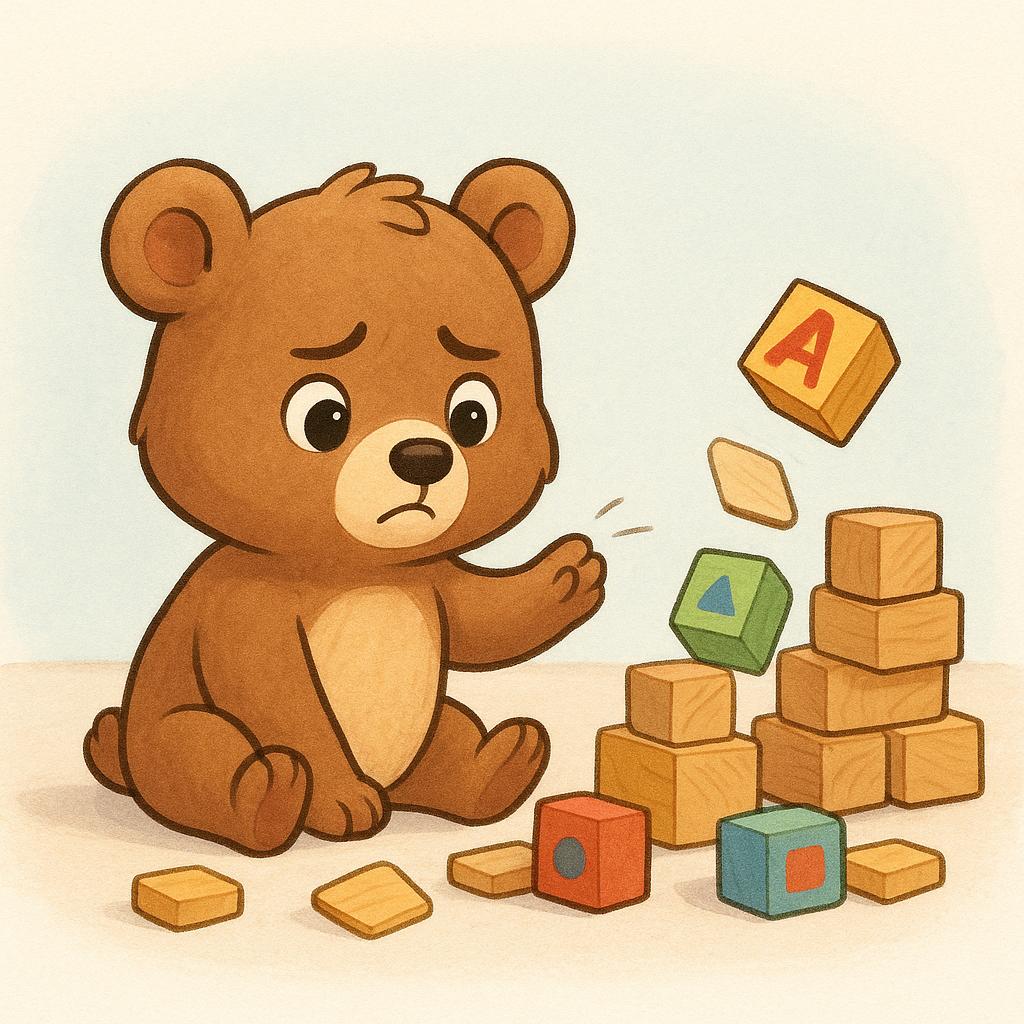 A small cartoon bear cub sitting next to a pile of wooden blocks, looking frustrated because the single block tower he tried to build has immediately collapsed, illustrating a lack of building ability.