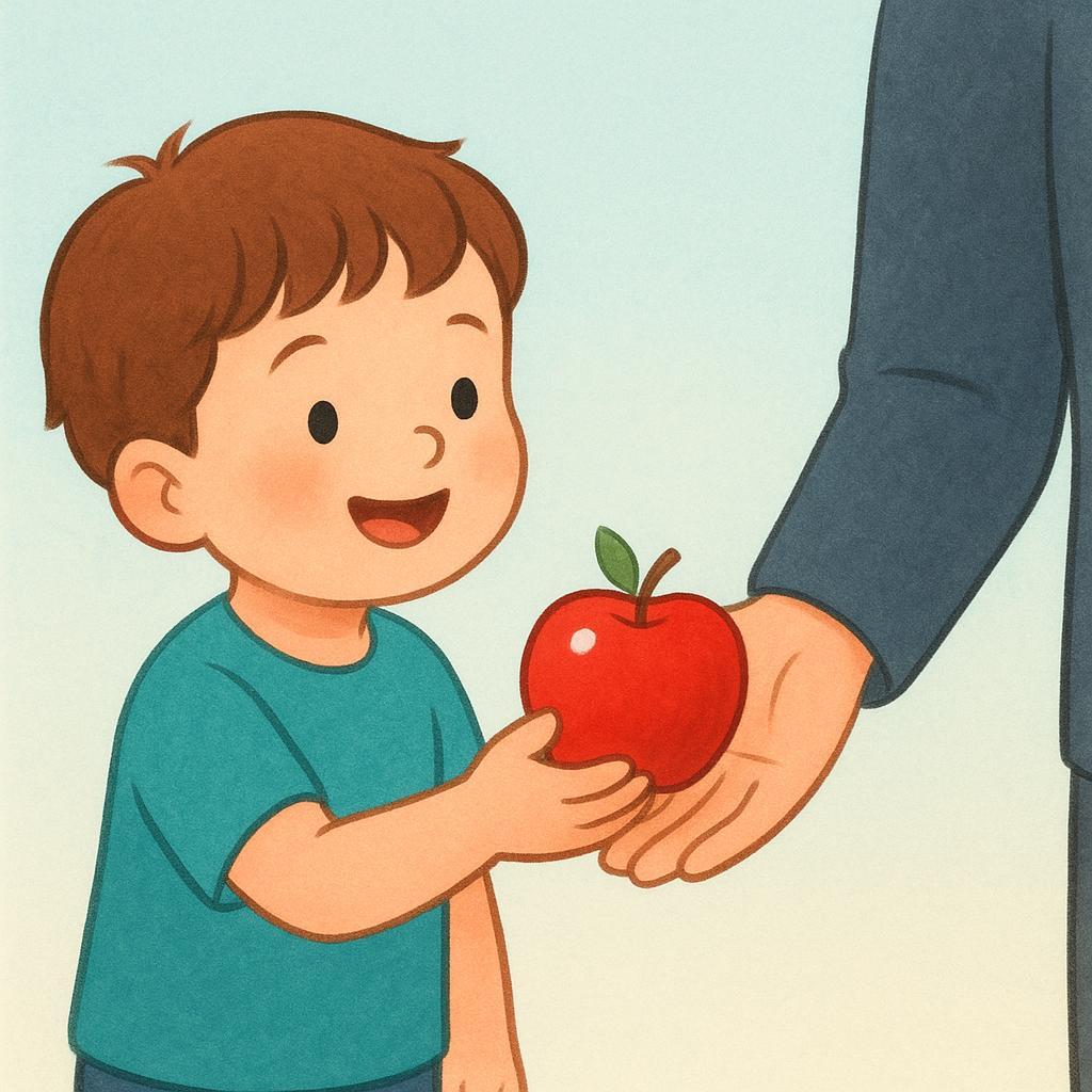 A small child smiling while successfully handing a bright red apple to an adult's outstretched hand, illustrating a completed past action.