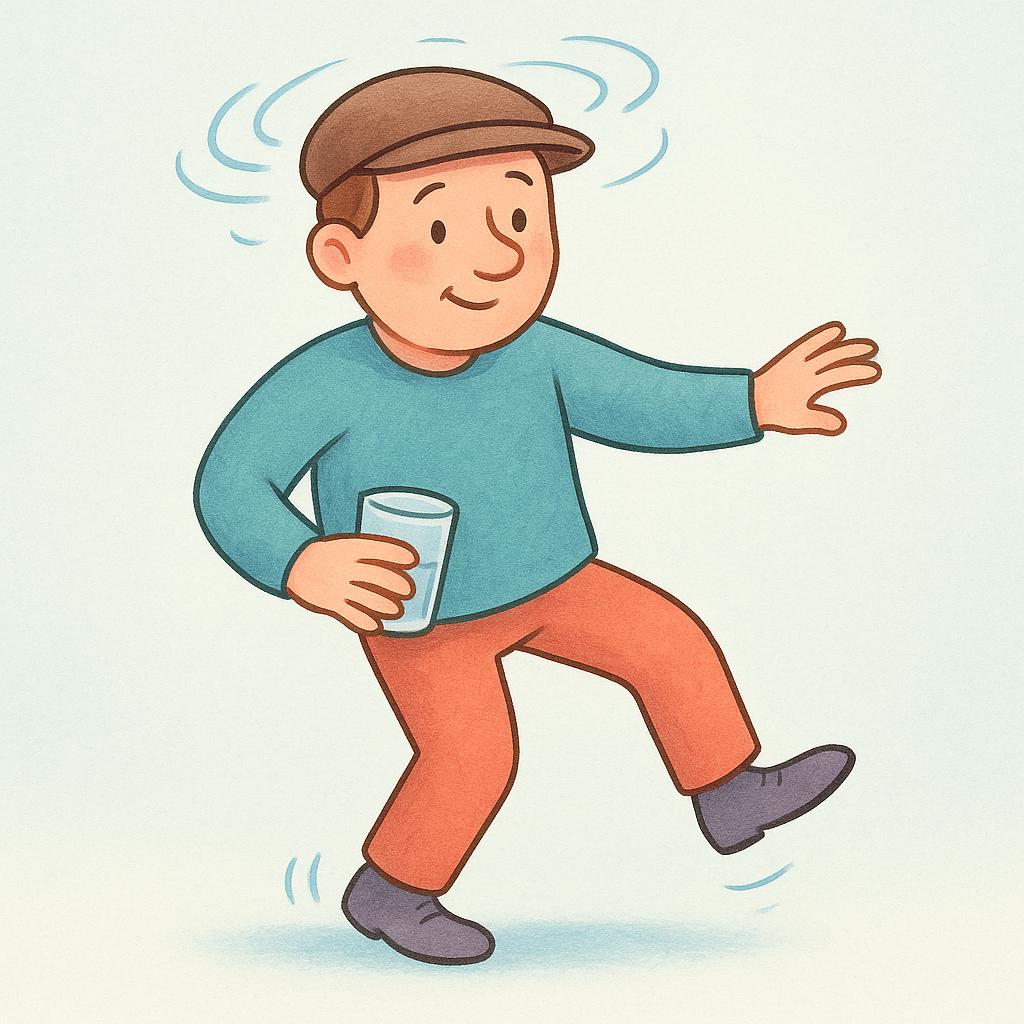 A storybook illustration of a cheerful man stumbling awkwardly, his hat tilted, while attempting to walk down a path, showing signs of intoxication.