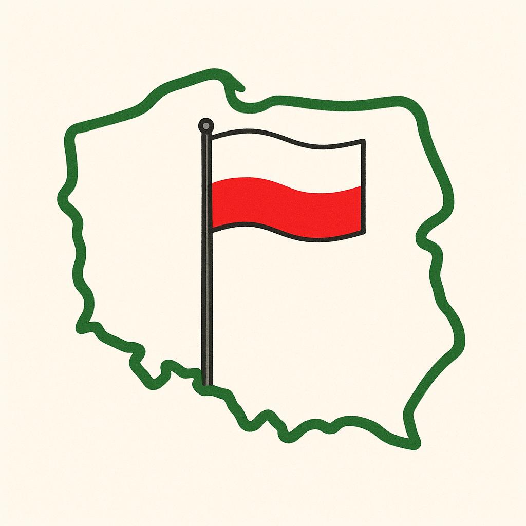 A simple, green outline of a country shape with a tall flagpole holding a brightly colored flag planted in the center.