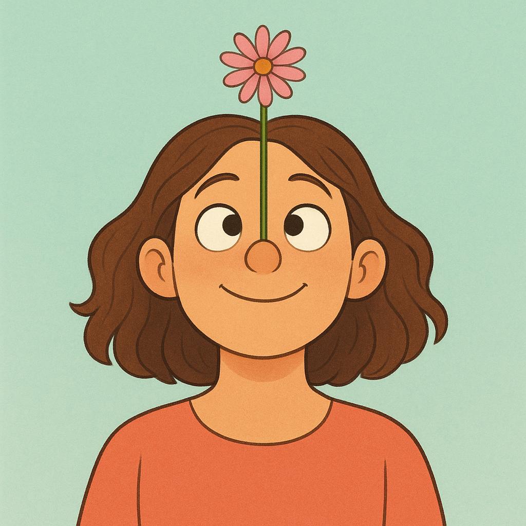 A colorful storybook illustration of a young woman with a playful expression, crossing her eyes while attempting to balance a single pink flower on the tip of her nose.