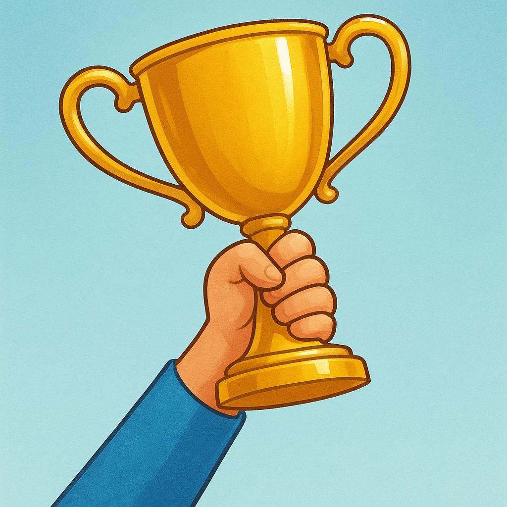 A person's hand holding a shiny gold trophy high in the air, symbolizing victory.