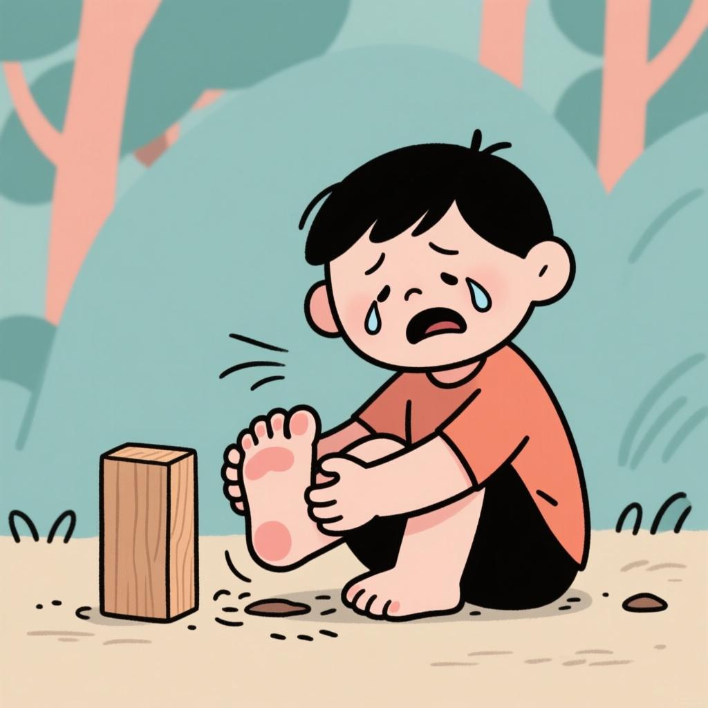 A small, simple cartoon character sitting down and clutching their foot, wincing in pain after accidentally stubbing their toe on a small wooden block.