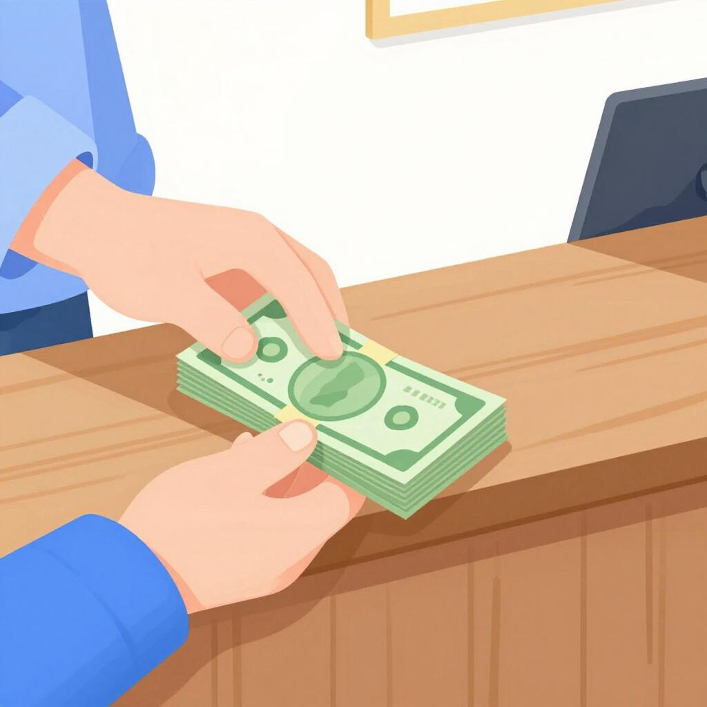 A person handing a stack of colorful bills to a shopkeeper over a counter.