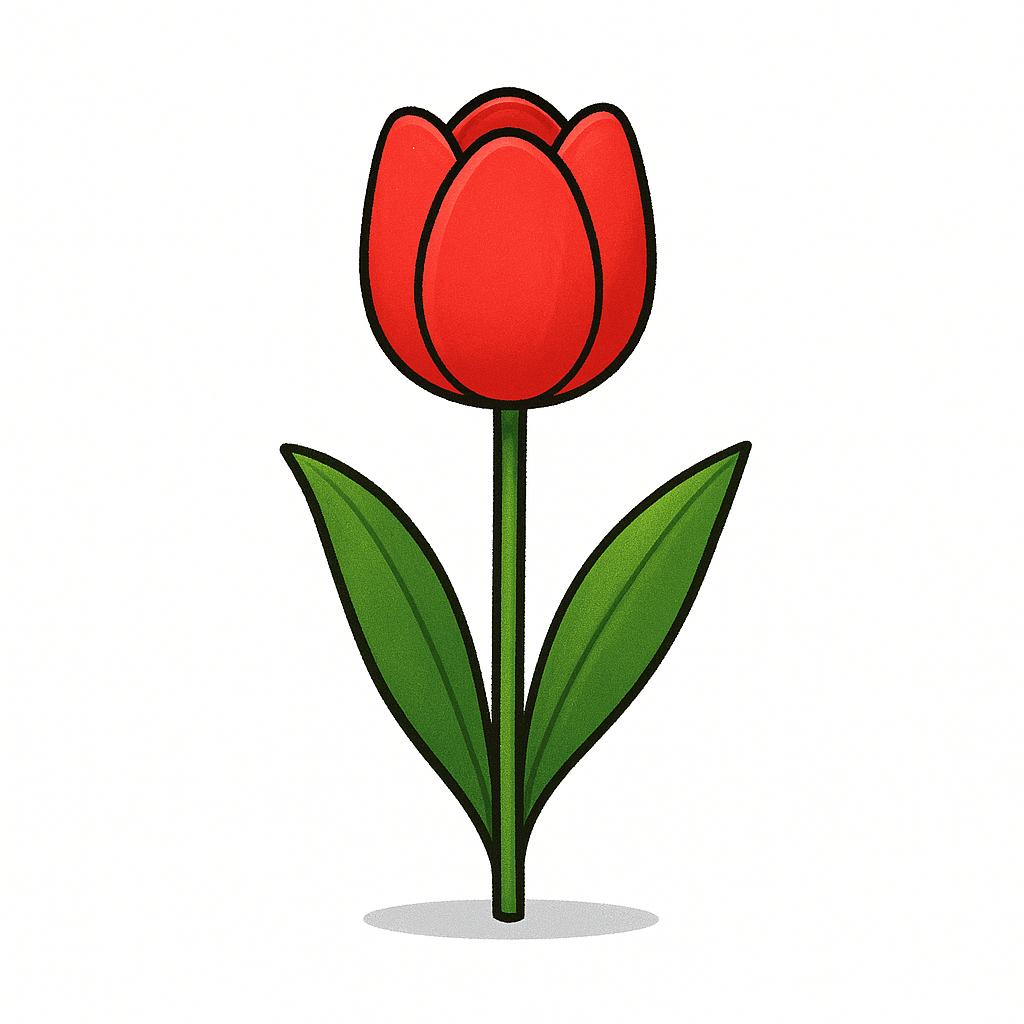 A vibrant red tulip with a green stem and leaves standing alone against a plain white background.