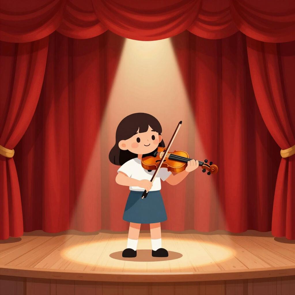 A young violinist standing on a brightly lit stage in front of a red velvet curtain, bowing to an audience.