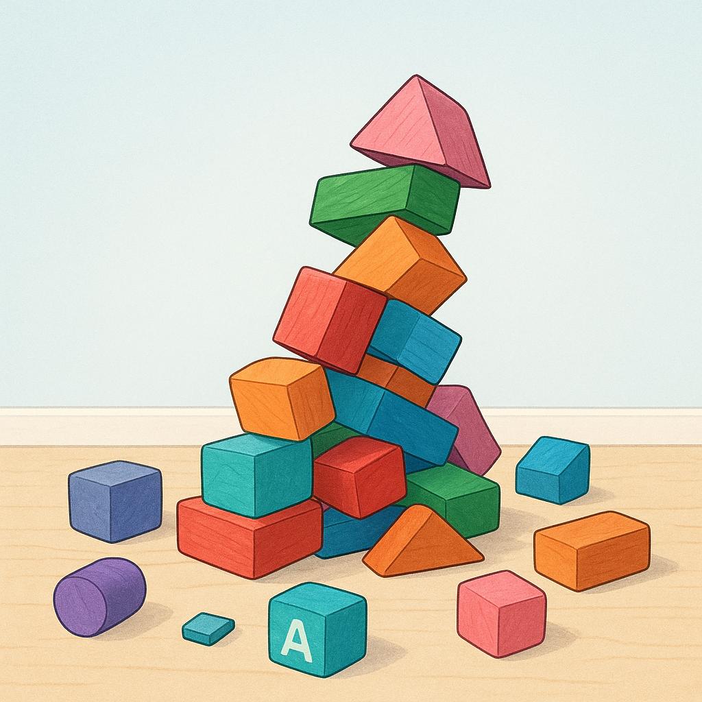 A colorful stack of wooden building blocks that has completely tumbled over onto the floor, representing a mistake or error.