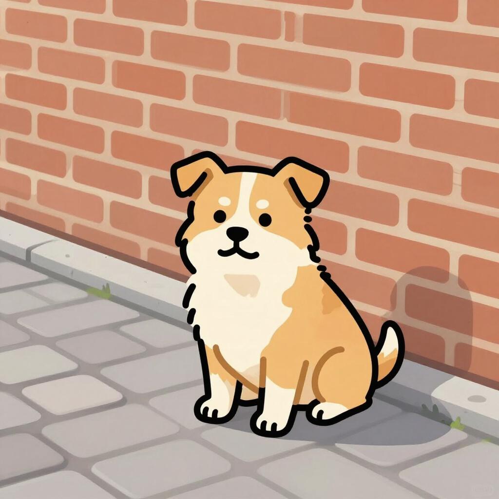 Ein freundlicher, struppiger Hund sitzt auf einem gepflasterten Bürgersteig in der Stadt.