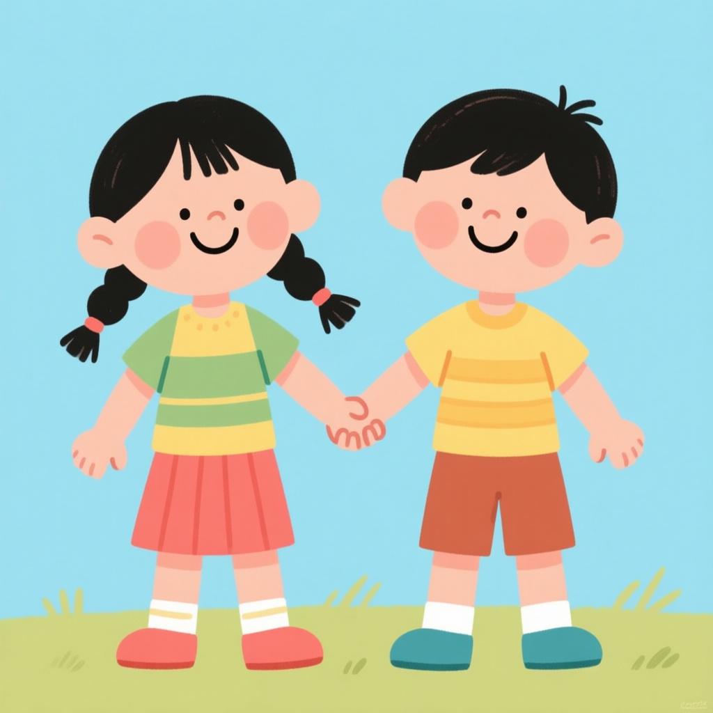 A high quality illustration of two identical, smiling children standing side-by-side and holding hands, signifying 'both'.