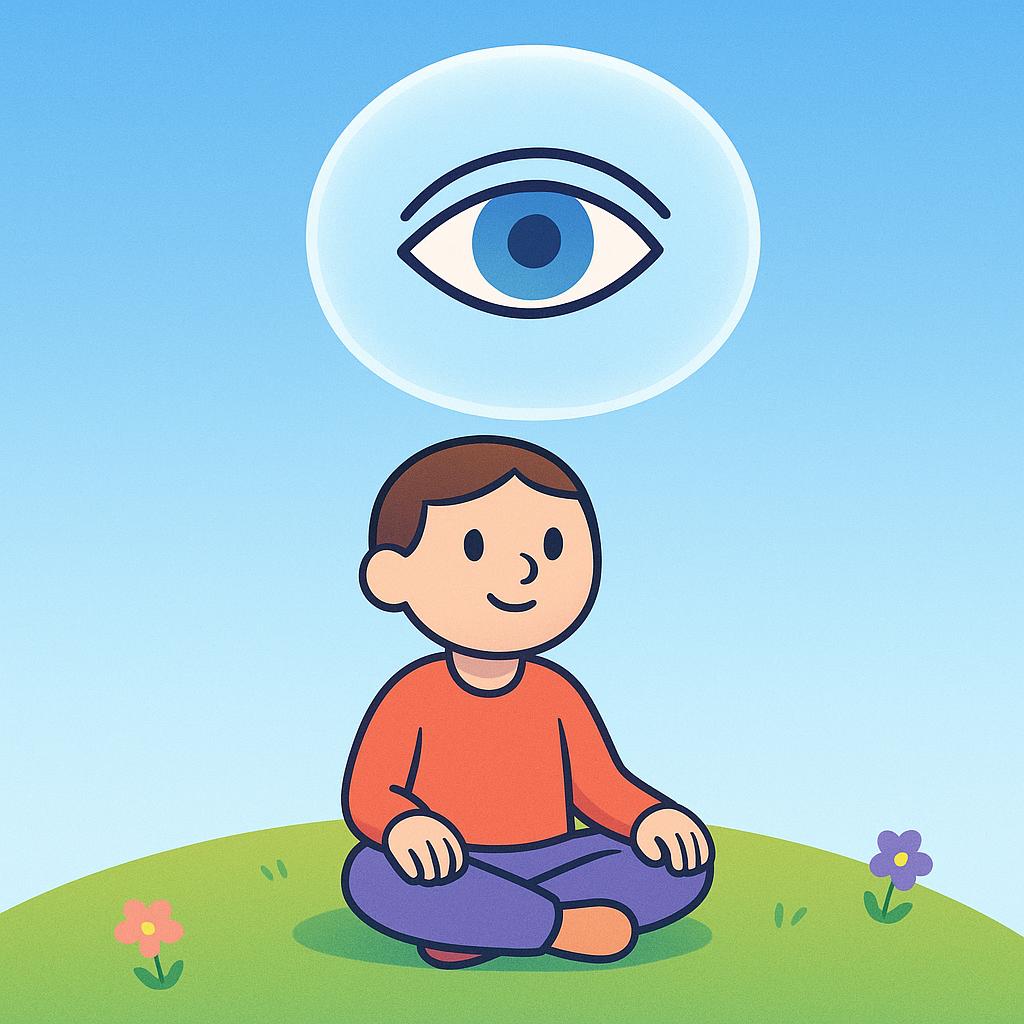 A storybook illustration of a person sitting peacefully on a grassy hill, looking contemplative. Above their head, a large, translucent thought bubble contains a single, stylized open human eye, symbolizing hypothetical or conditional sight.