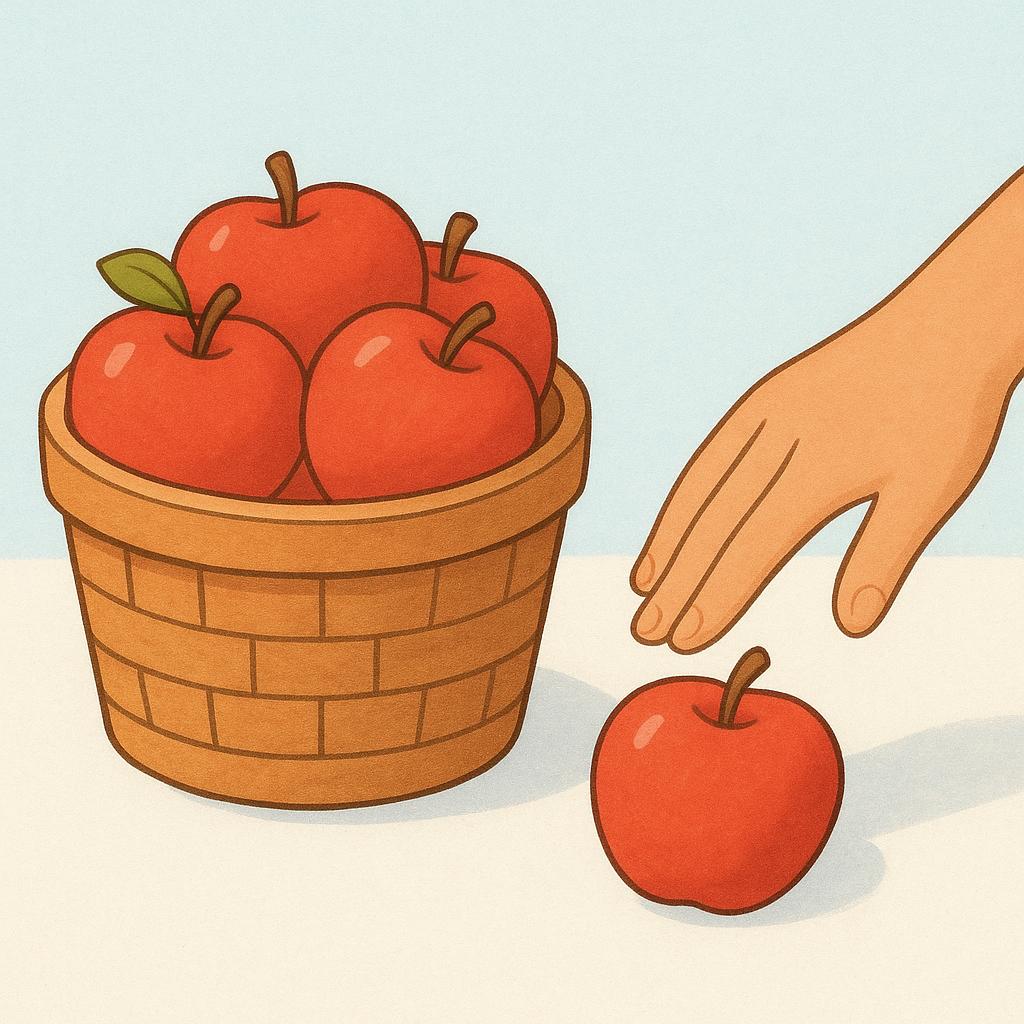 A cartoon hand gently pushes a red apple out of a basket full of apples, setting it on the table beside the basket.