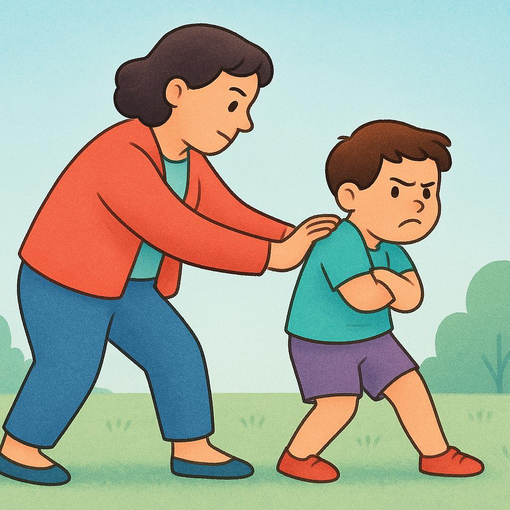 A large, determined figure is using a hand to firmly push a smaller, reluctant figure forward. The smaller figure is visibly resisting the movement.