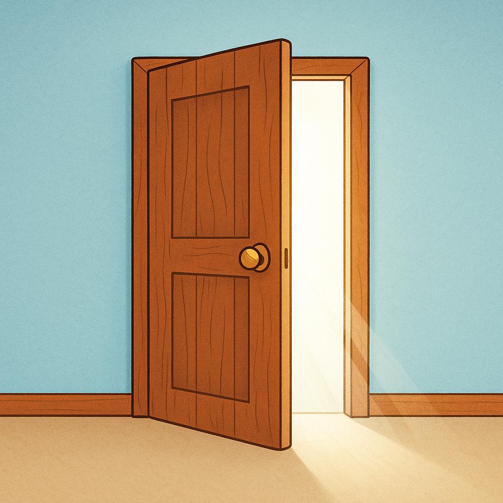 A wooden door slightly open, with bright light shining through the gap.