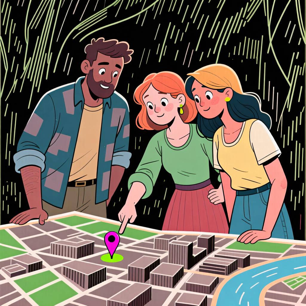 A diverse group of three friends looking together at a large city map, pointing to a spot marked with a bright pin, representing being in a specific location.