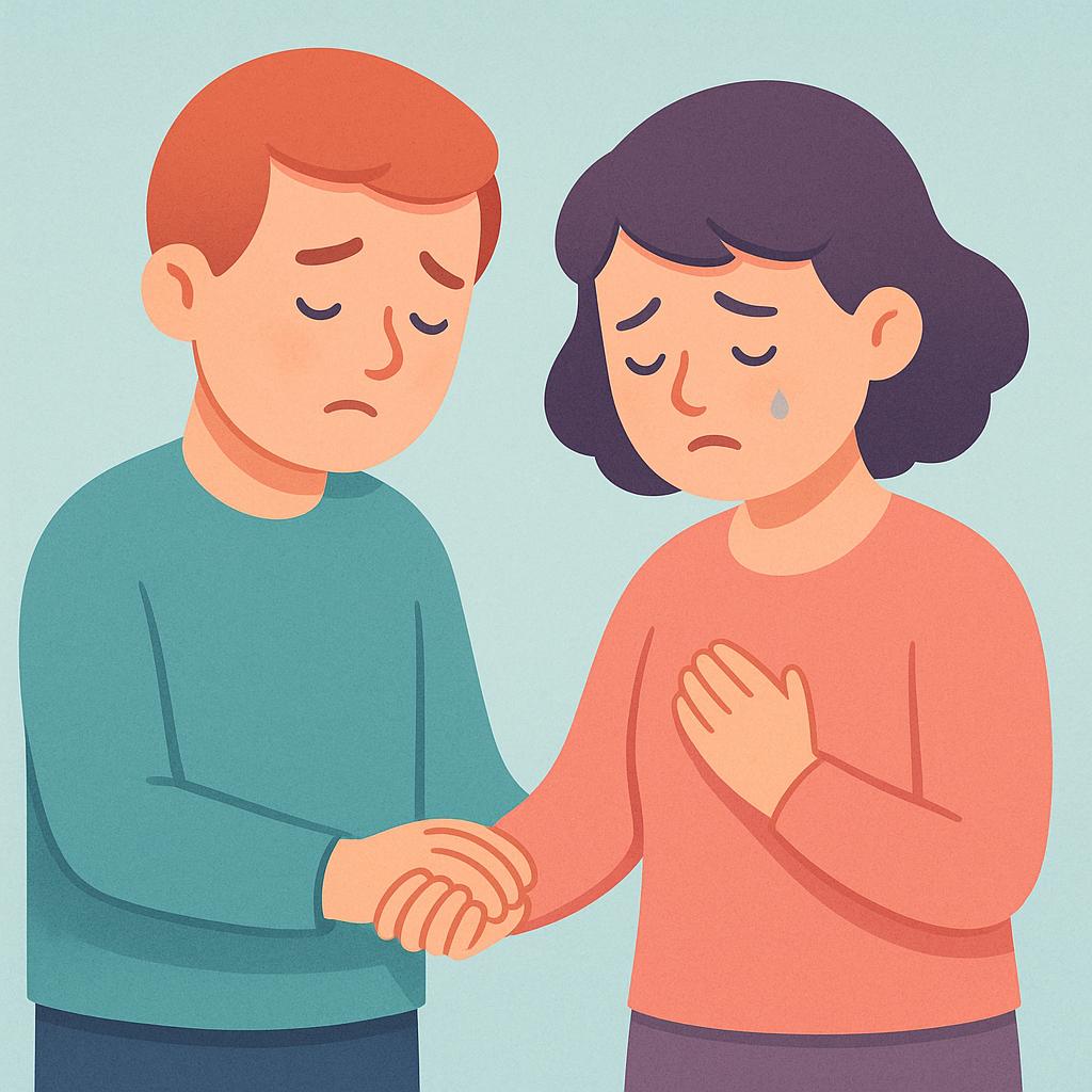A high quality simple colorful storybook illustration showing two simplified figures standing close together, both looking distressed with downward expressions. One figure is gently holding the other's hand for support, symbolizing victims seeking comfort.