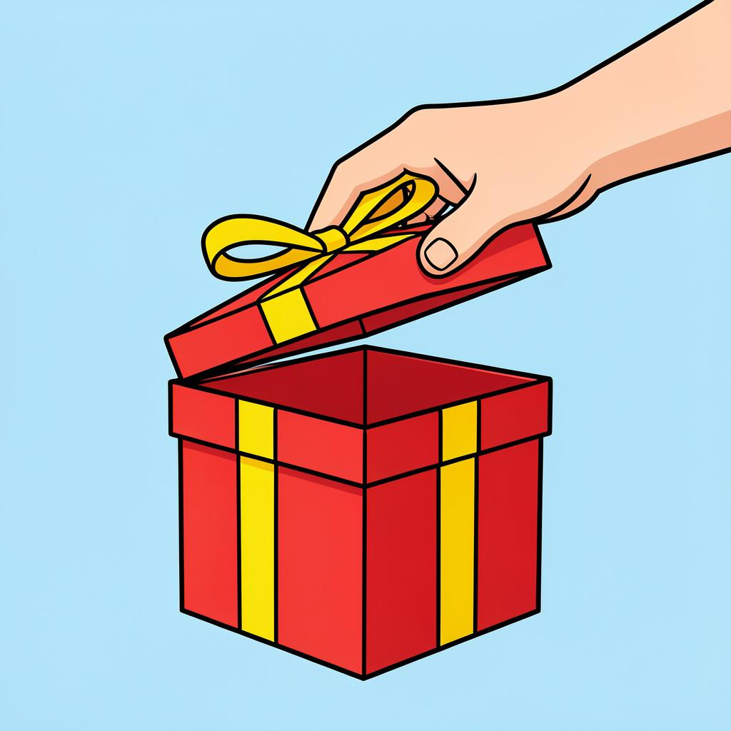 A hand lifting the lid of a colorful gift box wrapped with a ribbon.