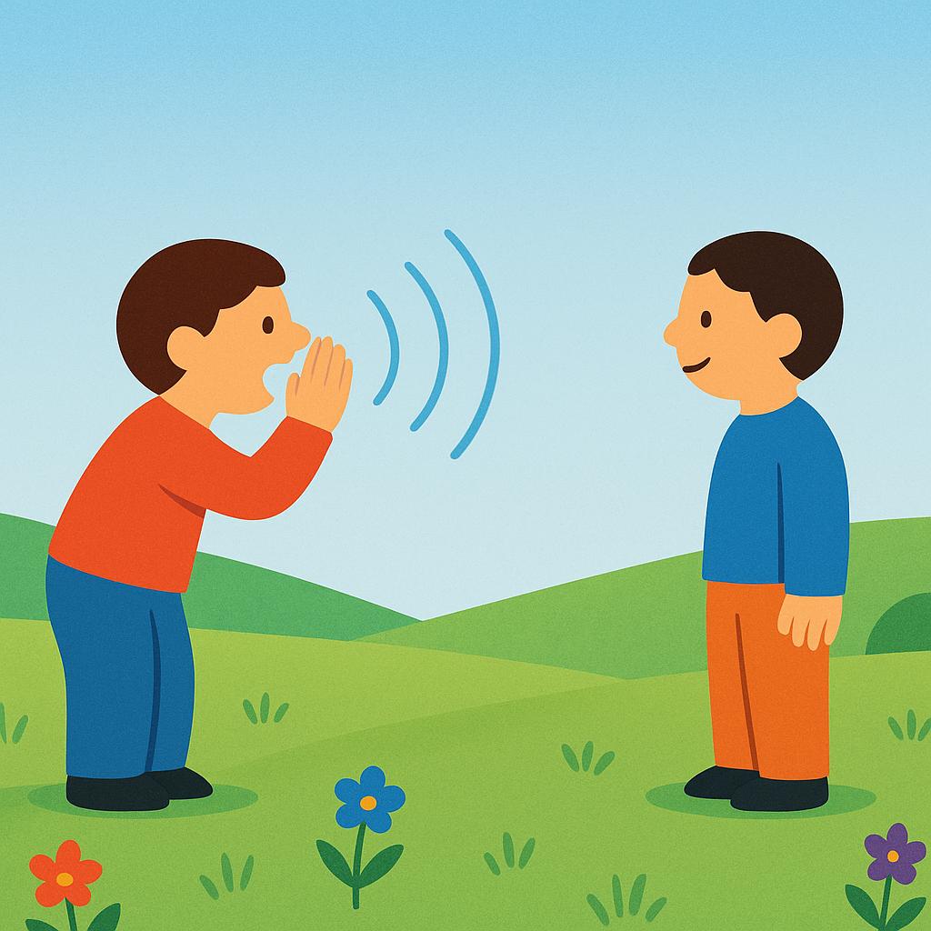 Two figures standing far apart in a green field, one figure shouting toward the other with hands cupped around their mouth to amplify the sound.