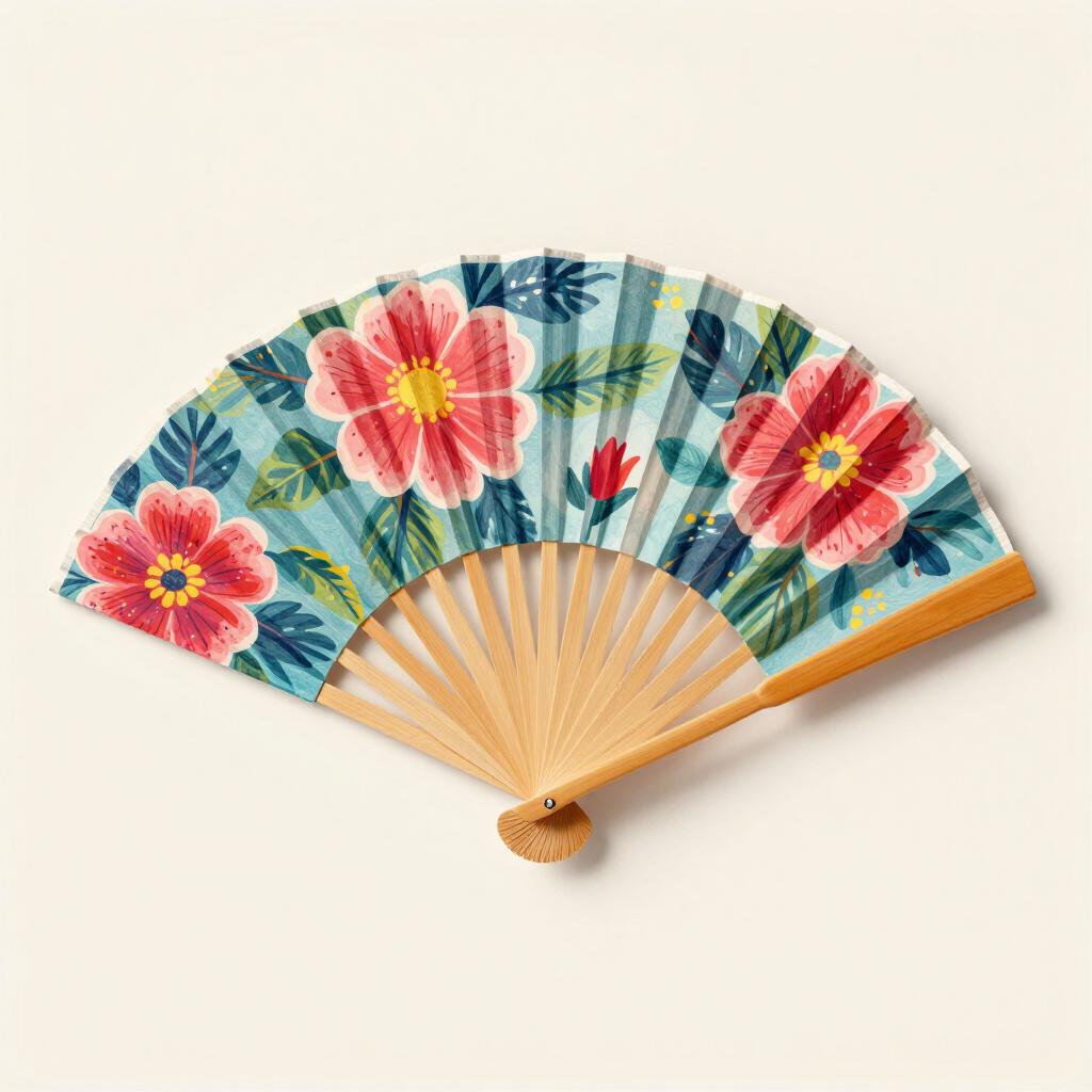 A colorful folding hand fan with a floral pattern, partially opened.