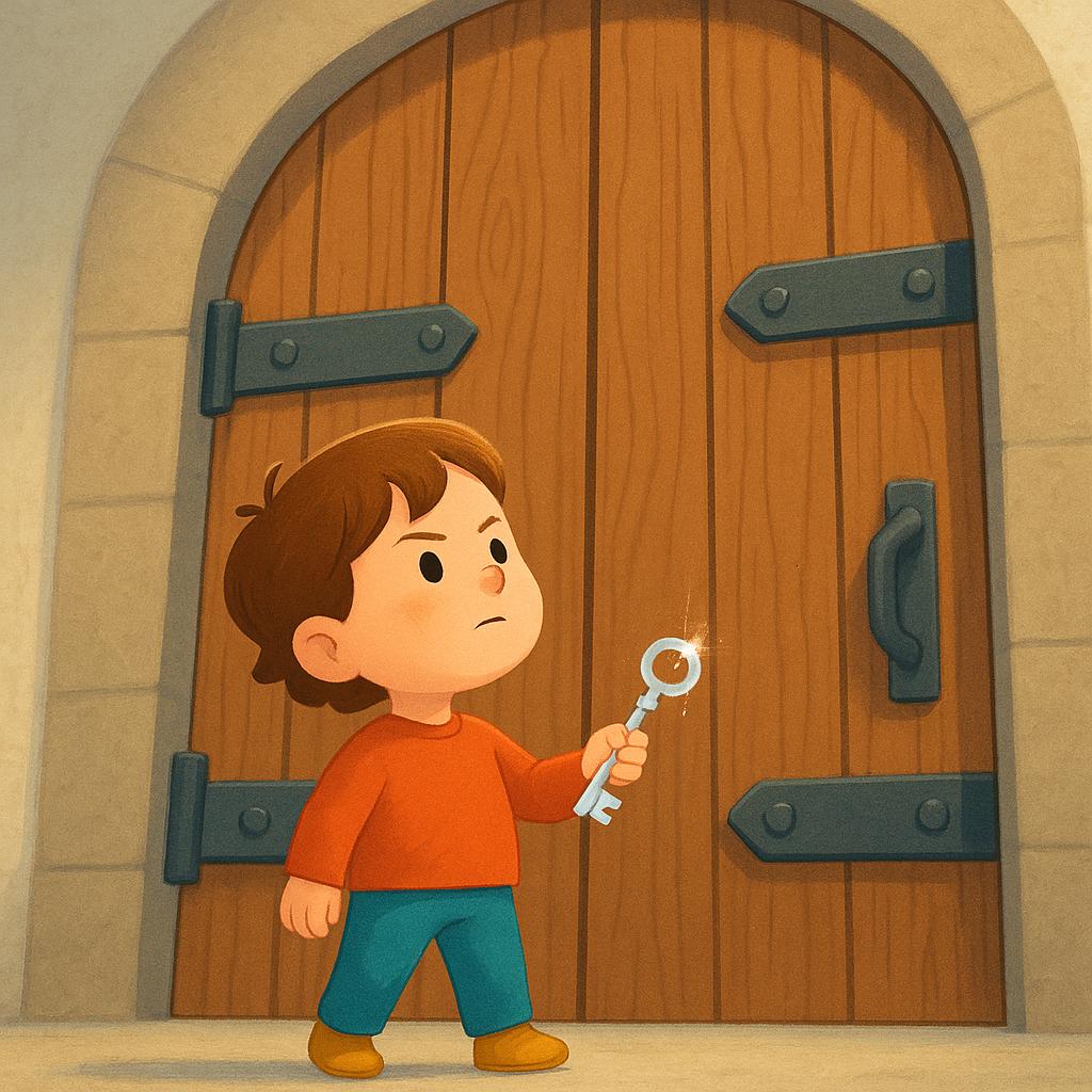 A storybook illustration of a small child with a determined expression standing in front of a very large, closed wooden door, holding a shiny silver key, symbolizing a past necessary task.
