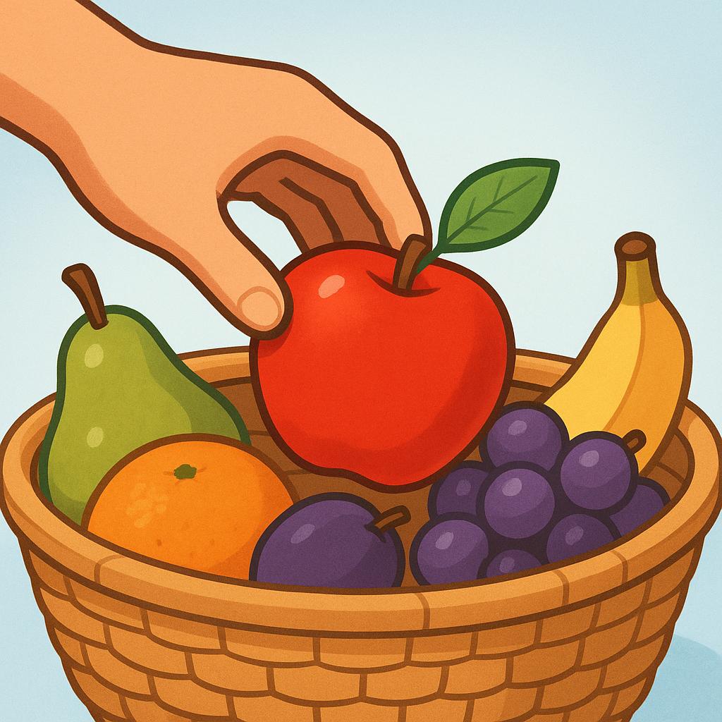 A cartoon hand reaches out to pick a single red apple from a basket containing various colorful fruits.