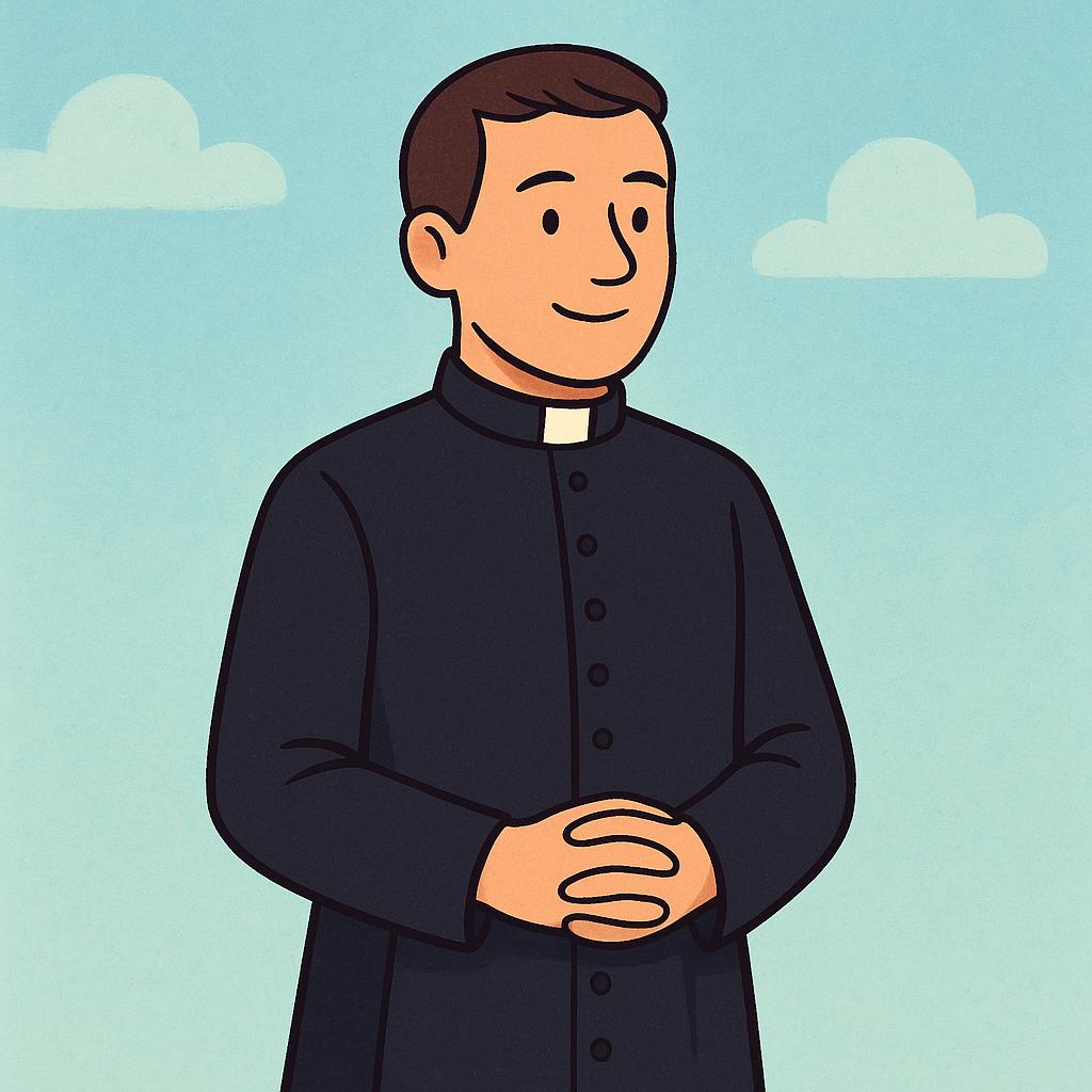 A smiling male priest wearing a black cassock and a white clerical collar, standing against a simple colored background.