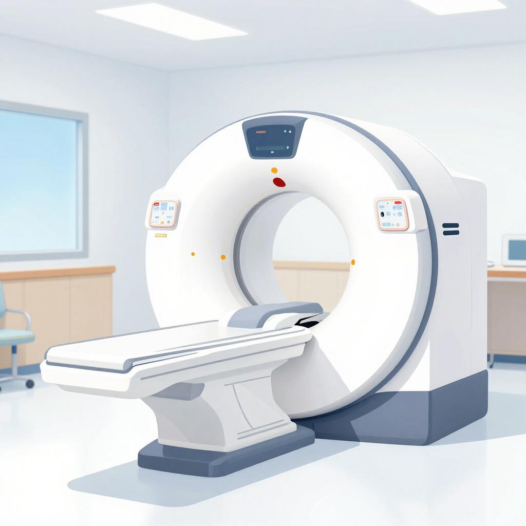 A large white donut-shaped medical machine in a clean, bright room.