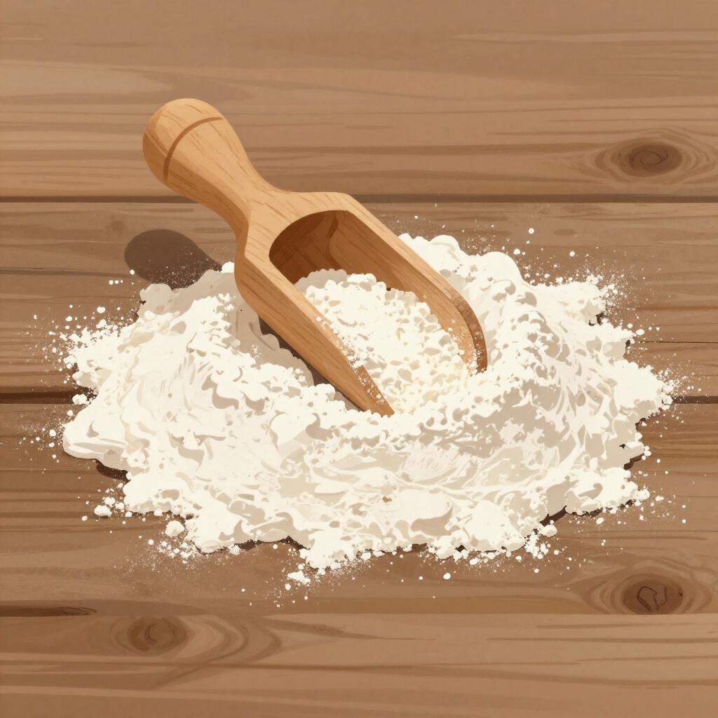 A pile of white flour on a wooden surface with a small wooden scoop.