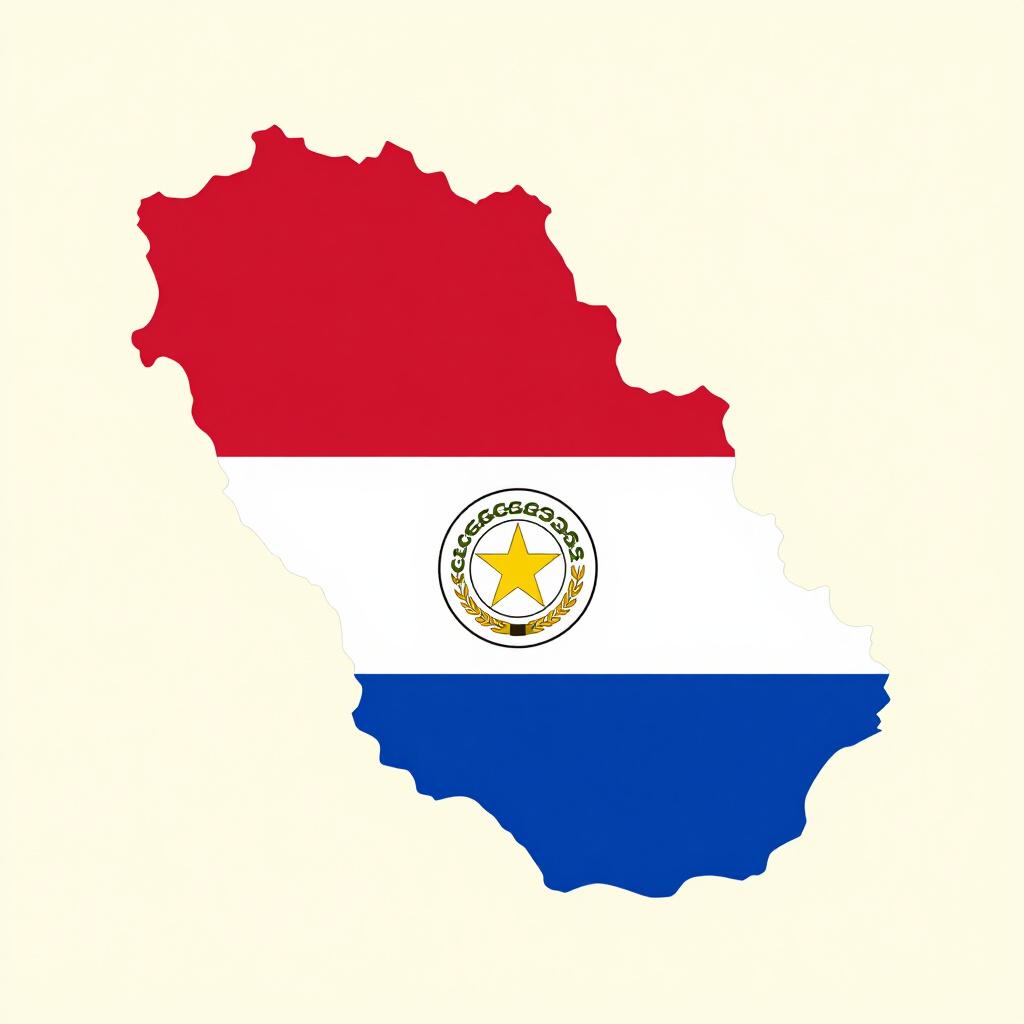 パラグアイ国旗の色と模様で満たされた、カラフルなパラグアイのシルエット地図。