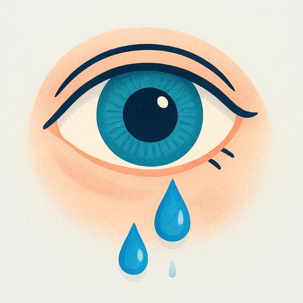 Close-up of a simple stylized eye with two large, clear blue tears rolling down the cheek below it.