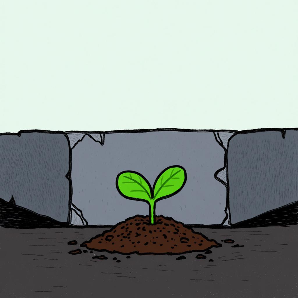 A tiny green sprout attempting to push through the soil, but a massive, flat, impenetrable gray concrete slab rests firmly on the ground directly above it, symbolizing absolute prevention.