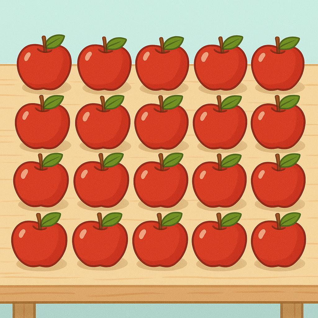 A visual representation of the quantity twenty, showing twenty bright red apples arranged neatly on a simple wooden table.