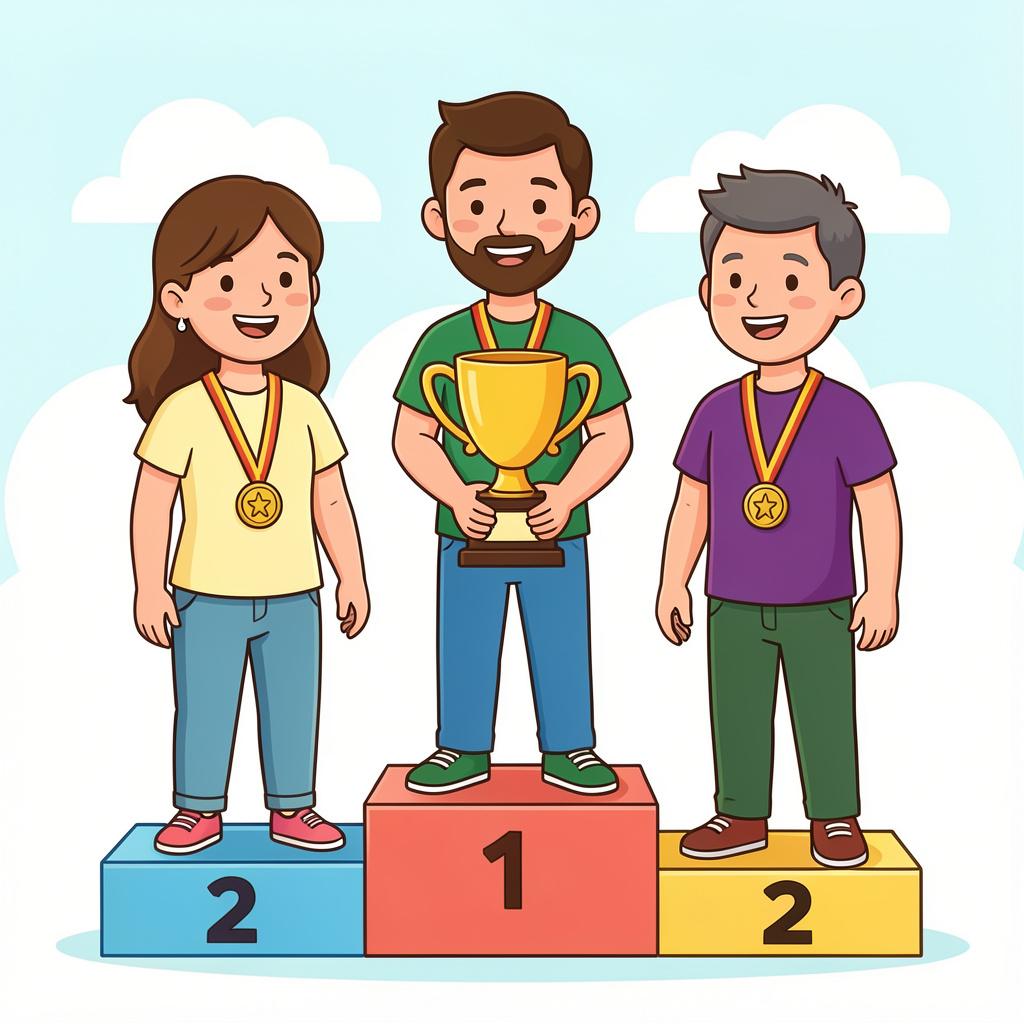 A group of three happy people standing on a podium holding a large gold trophy and wearing medals.