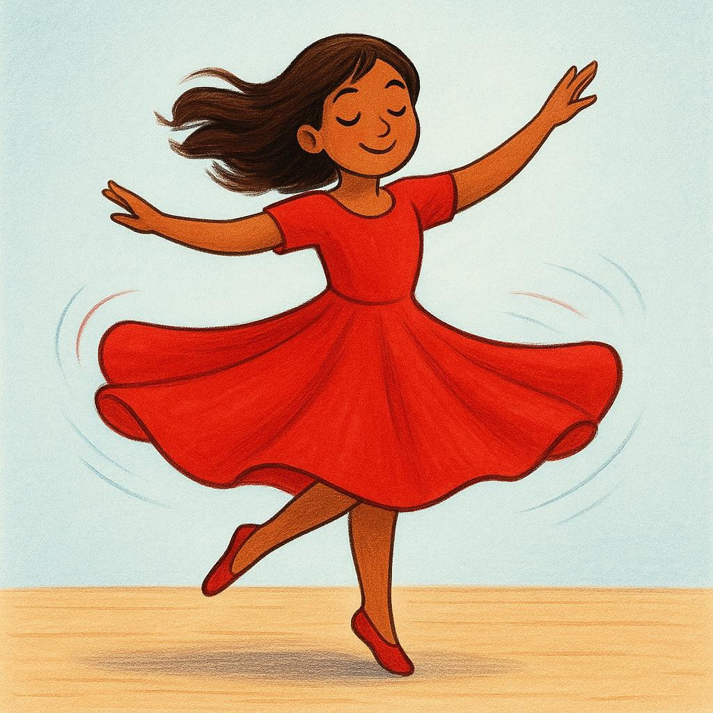 A brightly colored storybook illustration of a single dancer wearing a flowing red dress, captured mid-spin with arms extended, demonstrating dynamic movement.