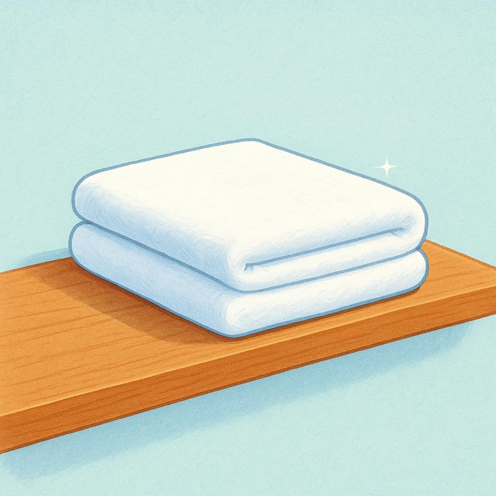 A perfectly folded, pristine white towel resting on a wooden shelf, symbolizing physical cleanliness.