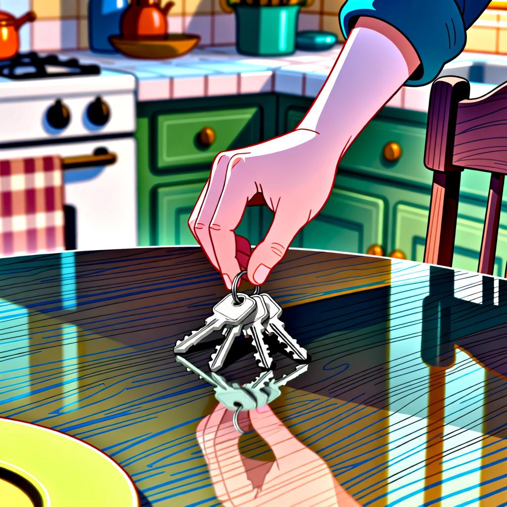 A hand placing a keyring with several keys onto a polished wooden desk or table.