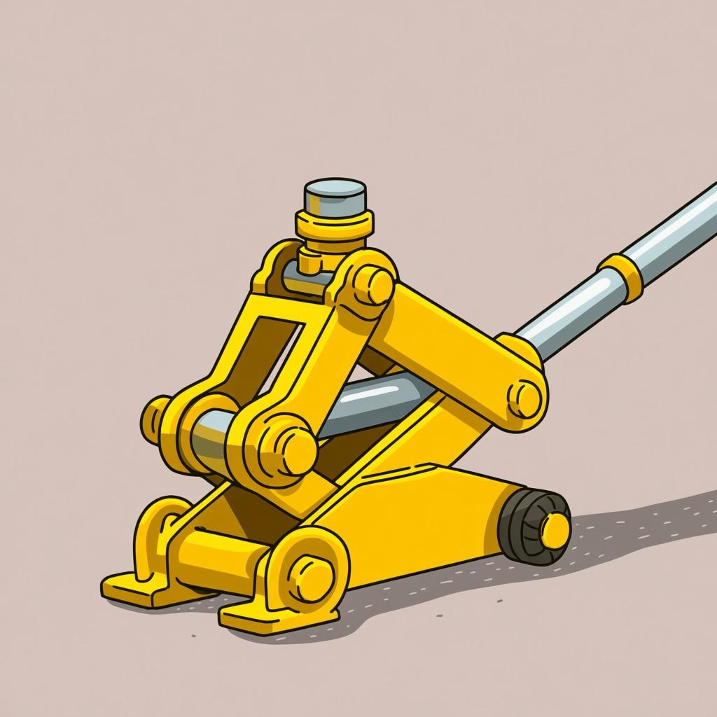 A simple, bright yellow hydraulic car jack placed on the ground, ready to lift a vehicle.