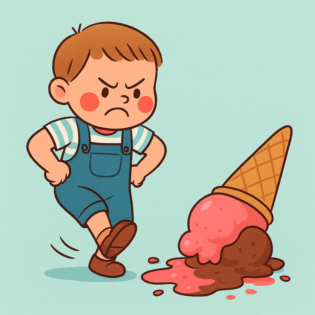 A small child stands next to a large, spilled ice cream cone on the ground, making an extremely frustrated, exaggerated face and stomping their foot, illustrating intense annoyance.