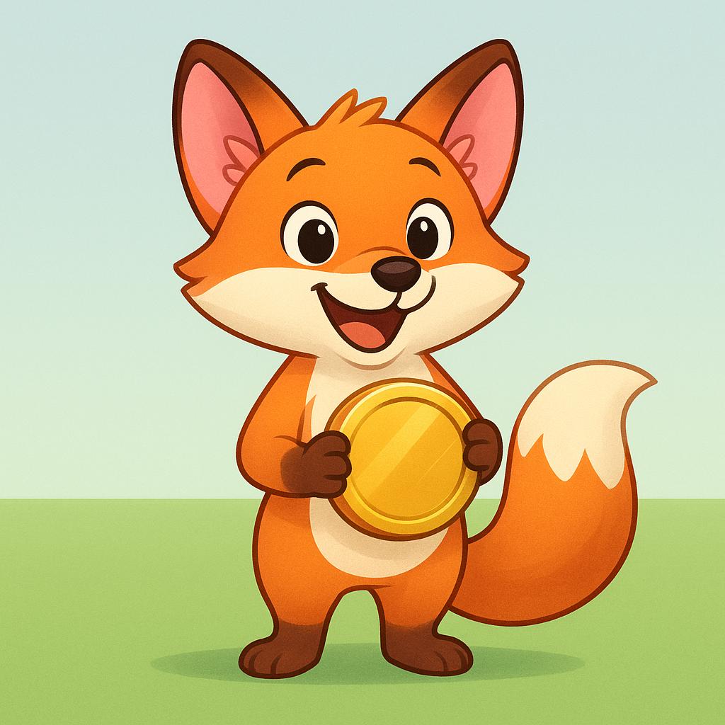 A happy cartoon fox standing on a hill, proudly holding a single, large, shiny gold coin in its paws, illustrating the successful acquisition of an item.