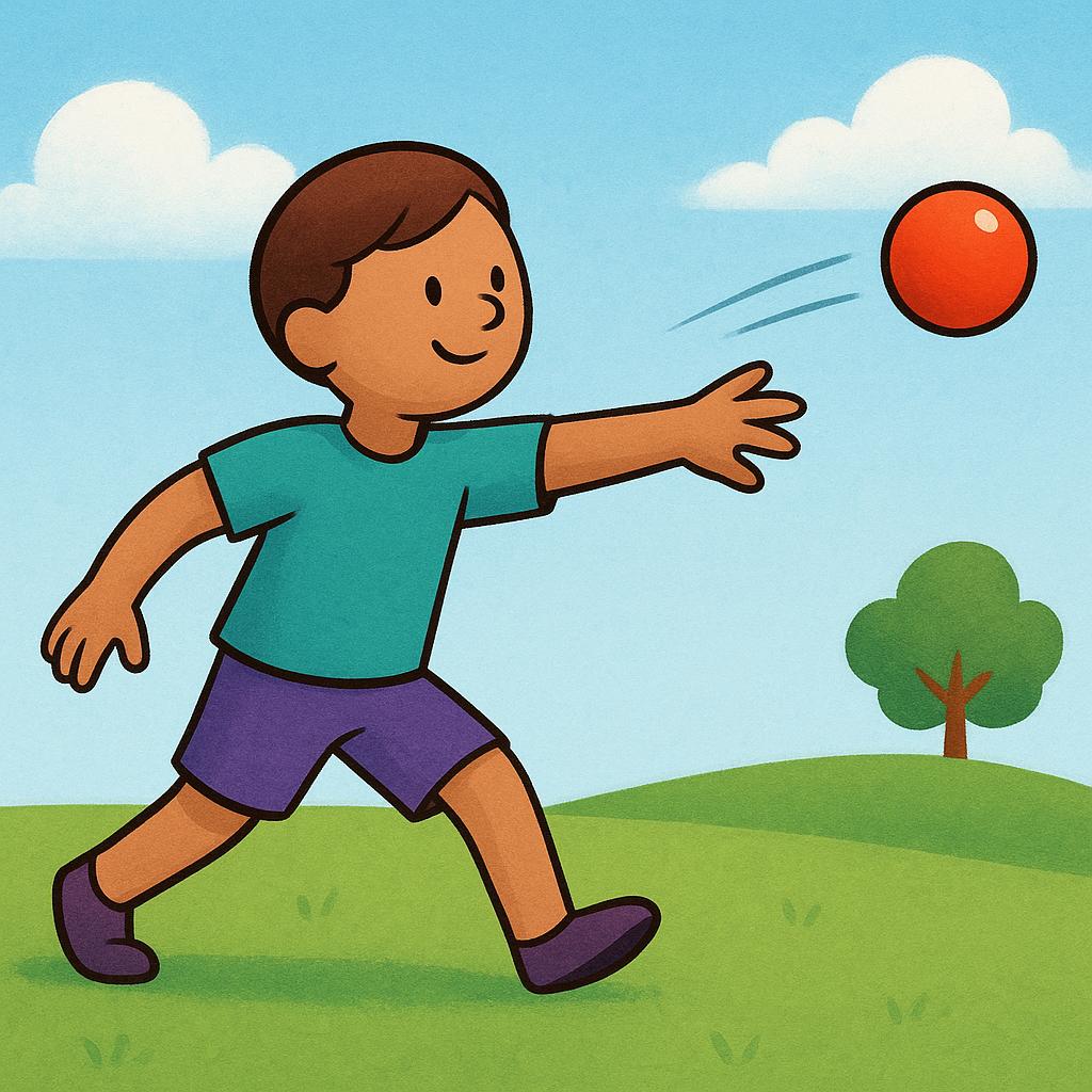 A colorful illustration showing a young person standing outdoors, mid-action, throwing a bright red ball high into the air.