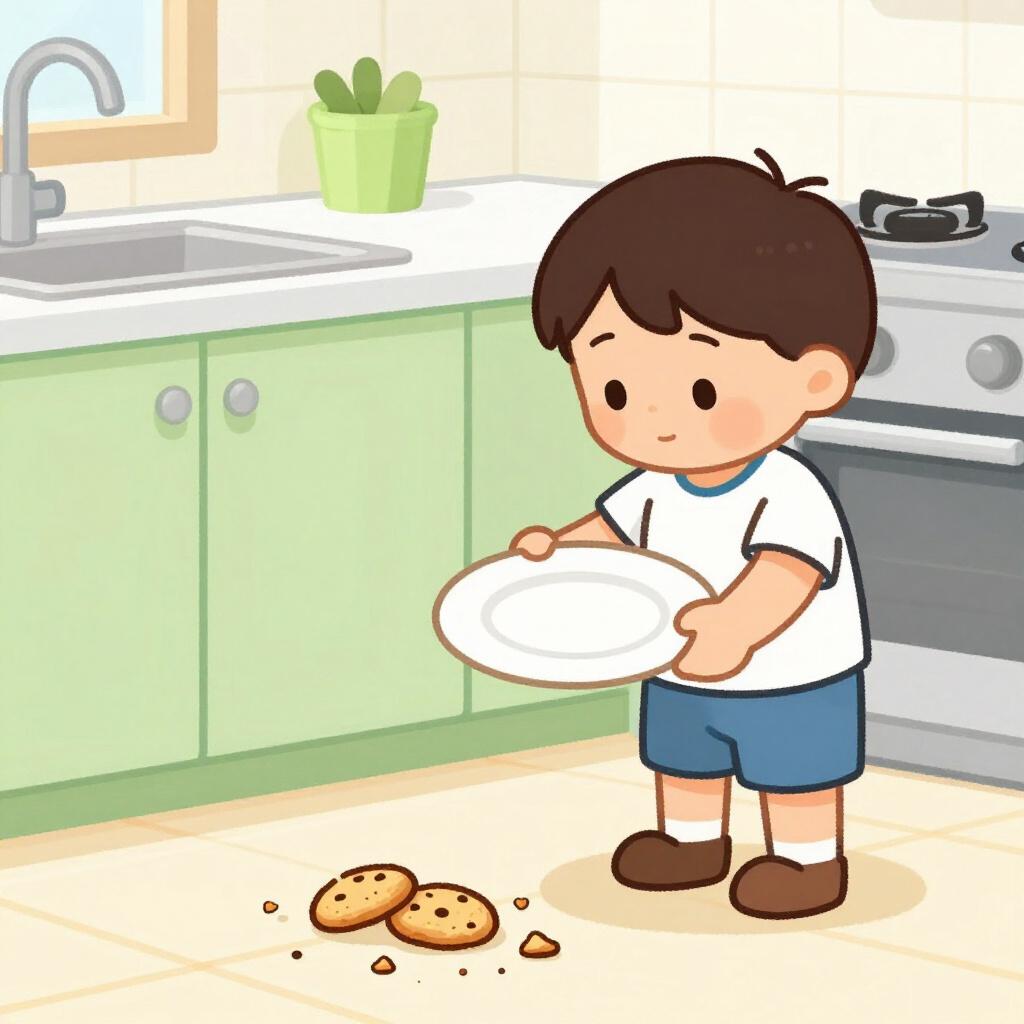 Ein Kind hält einen leeren Teller neben einem verstreuten Haufen Keksbrösel.