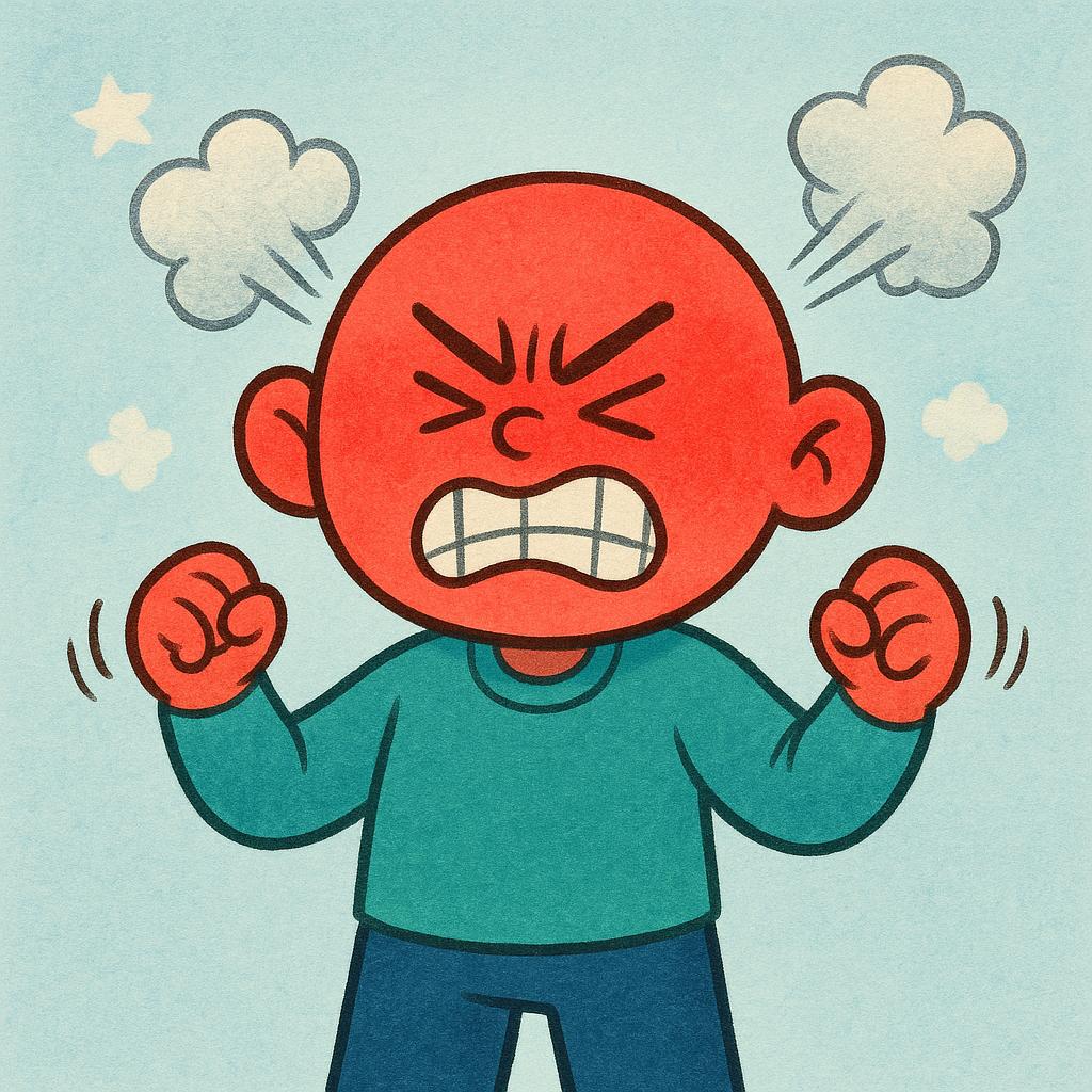 A cartoon character depiction of intense anger, showing a red face and steam escaping from the head.