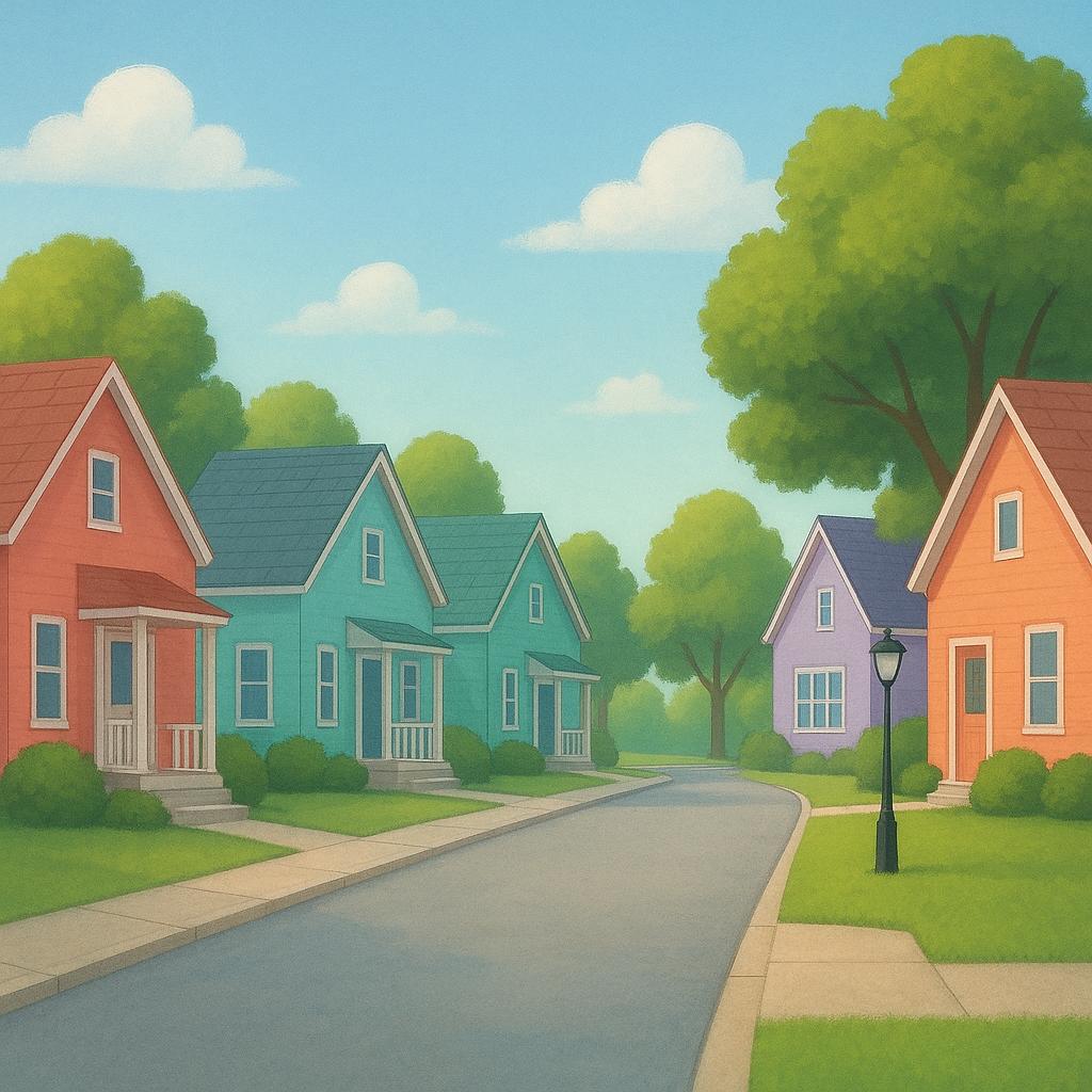 A view of a cheerful neighborhood street with multiple simple, colorful houses lined up among green trees.